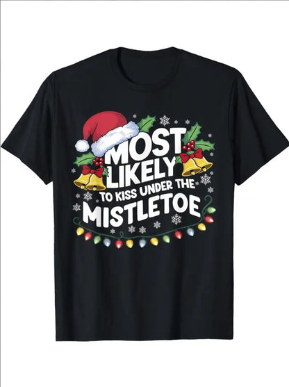 Men'S Christmas T-Shirt -  Cotton Crew Neck Tee With Cartoon Mistletoe Print, Casual All-Season Short Sleeve Shirt With Slight Stretch, Applique Detail - Regular Fit